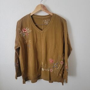 Caite Handmade Embroidered Waffle Long Sleeve Tee Size L